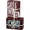 Cats And Wine Box Sign And Sock Set - Wood, Cotton, Nylon, Spandex, Ribbon