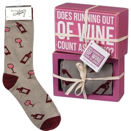 Box Sign & Sock Set - Running Out Of Wine - Box Sign: 4.50" x 3" x 1.75", Socks: One Size Fits Most - Wood, Cotton, Nylon, Spandex, Ribbon