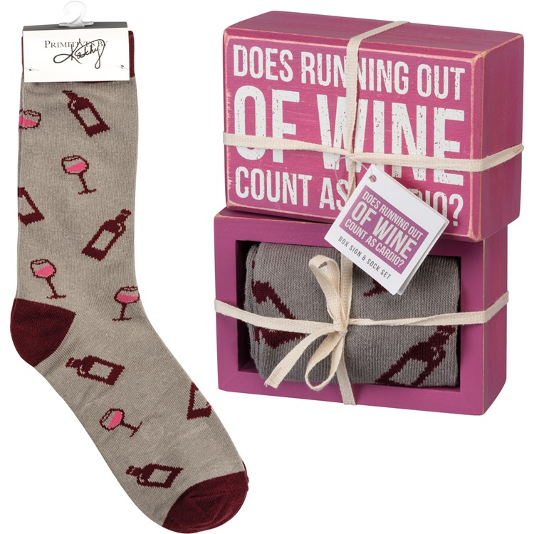 Running Out Of Wine Box Sign And Sock Set - Wood, Cotton, Nylon, Spandex, Ribbon