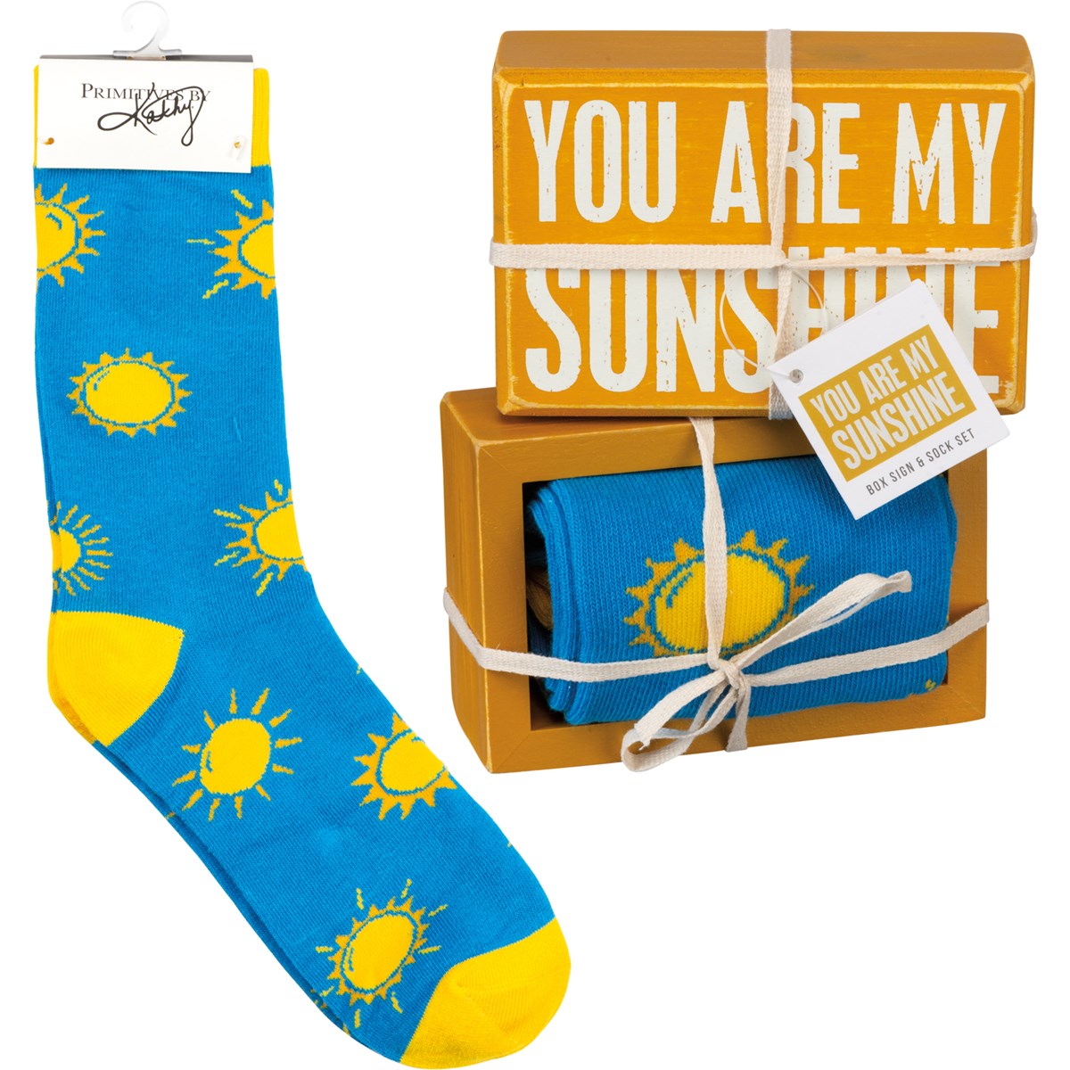 Box Sign & Sock Set - You Are My Sunshine - Box Sign: 4.50" x 3" x 1.75", Socks: One Size Fits Most - Wood, Cotton, Nylon, Spandex, Ribbon