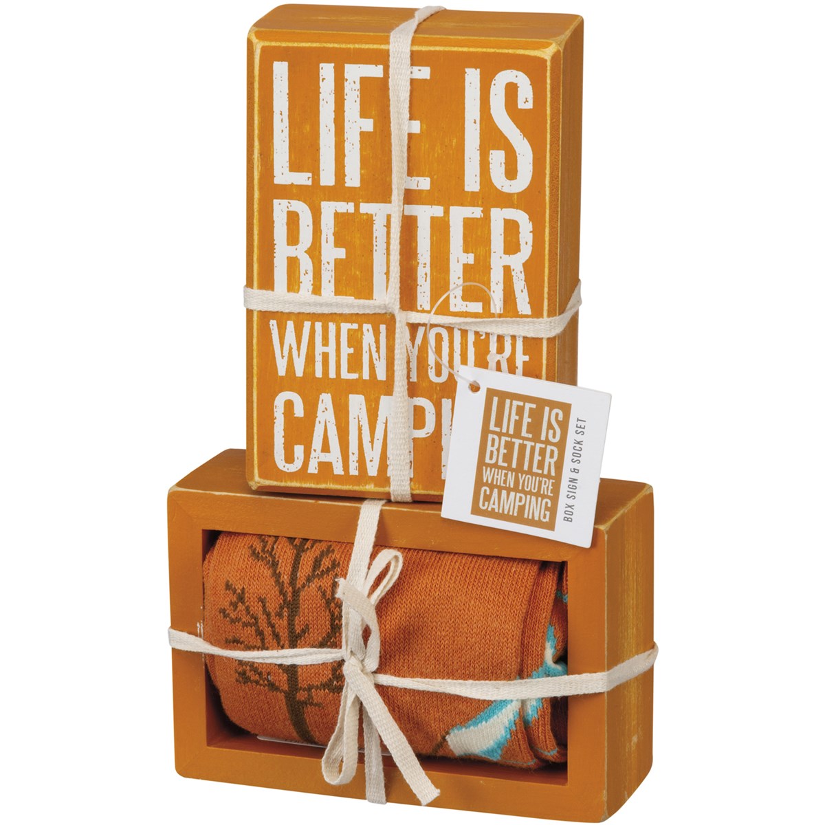 Life Is Better Camping Box Sign And Sock Set - Wood, Cotton, Nylon, Spandex, Ribbon