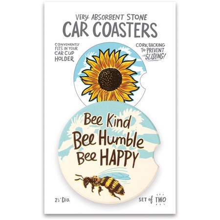 Car Coasters - Bee Kind Bee Humble Bee Happy - 2.50" Diameter x 0.25" - Stone, Cork