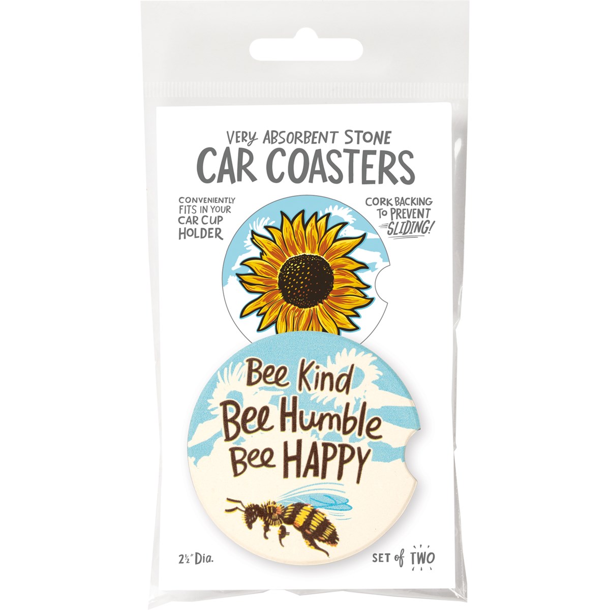 Bee Kind Bee Humble Bee Happy Car Coasters - Stone, Cork