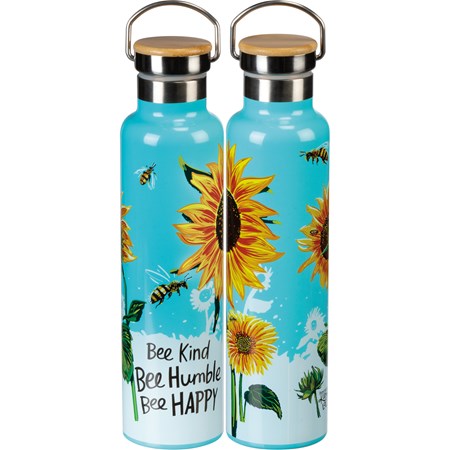 Insulated Bottle - Bee Kind - 25 oz., 2.75" Diameter x 11.25" - Stainless Steel, Bamboo