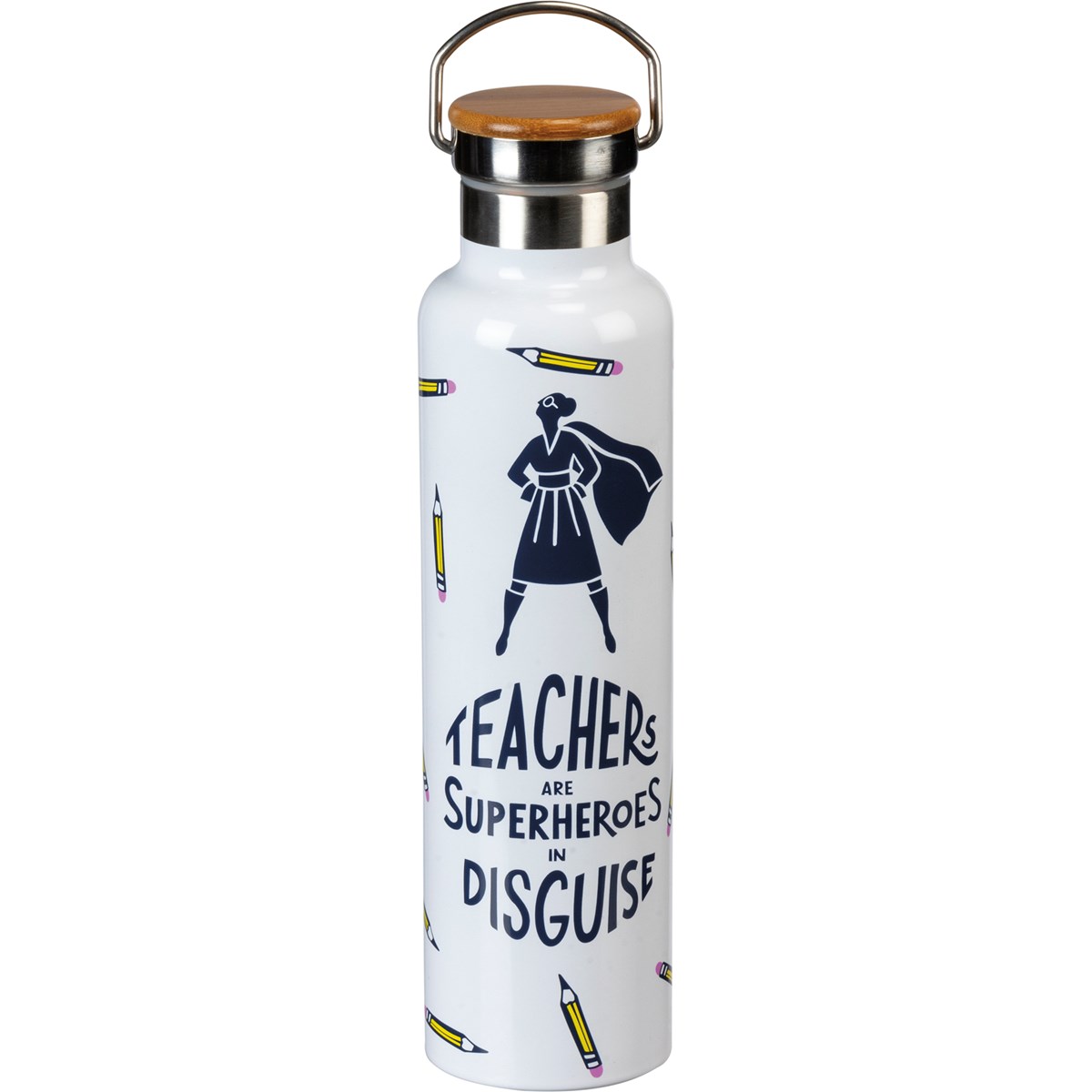 Insulated Bottle - Teachers Are Superheroes - 25 oz., 2.75" Diameter x 11.25" - Stainless Steel, Bamboo
