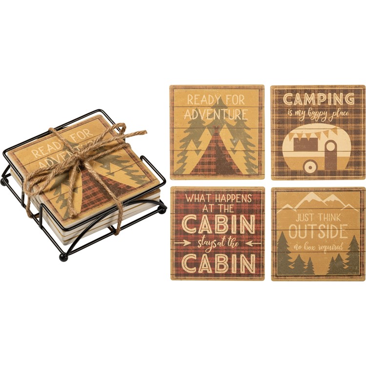 Camping Is My Happy Place Coaster Set - Stone, Metal, Cork