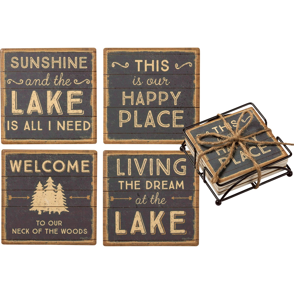 This Is Our Happy Place Lake Coaster Set - Stone, Metal, Cork