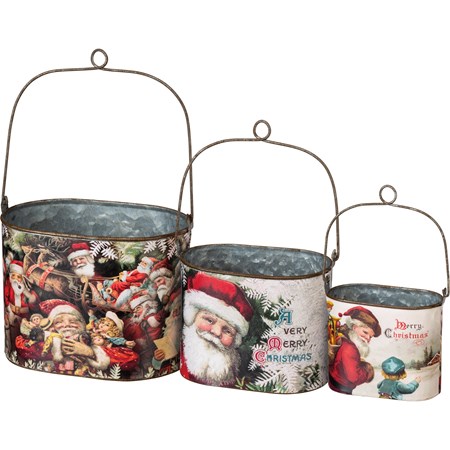 Santa Merry Christmas Bucket Set - Metal, Paper