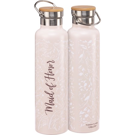 Insulated Bottle - Maid Of Honor  - 25 oz., 2.75" Diameter x 11.25" - Stainless Steel, Bamboo