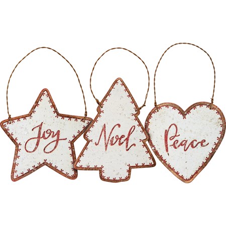 Ornament Set - Peace Joy Noel - 4" x 4", 3.50" x 4.50", 3.50" x 3.50" - Wood, Wire, Mica