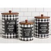 Canister Set - Flour Sugar Coffee - 6.75" Diameter x 11.50", 6" Diameter x 9.75", 5.25" Diameter x 8.25" - Metal, Paper, Wood