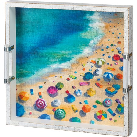 Tray - Crowded Beach - 15" x 15" x 2" - Wood, Paper, Metal