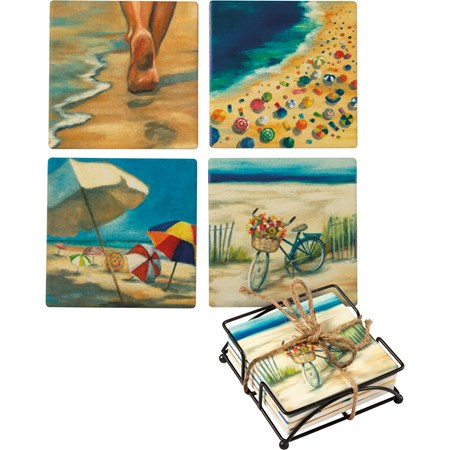 Coaster Set - Painted Beach - 4" x 4" x 1.50" - Stone, Metal, Cork
