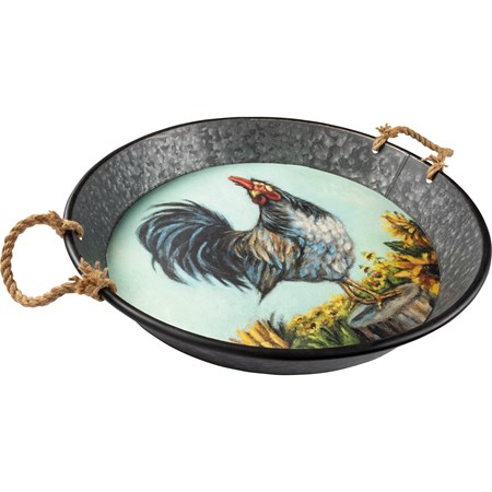 Tray - Rooster - 20.50" x 19.50" x 3" - Metal, Wood, Paper, Rope