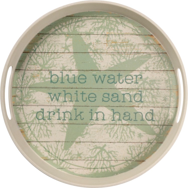 Tray Set - Blue Water White Sand Drink In Hand - 13.75" Diameter x 1.50", 12" Diameter x 1.50" - Bamboo Fiber, Melamine