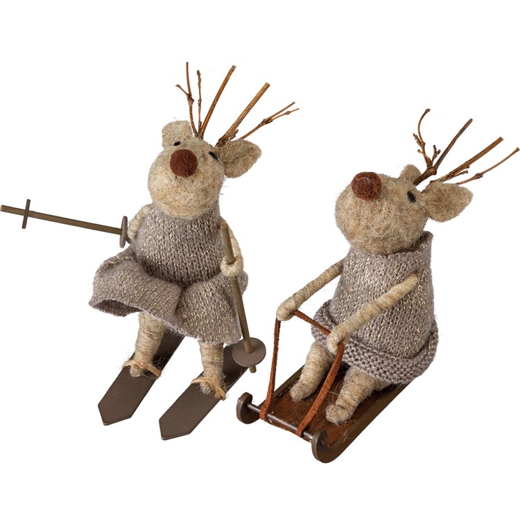 Winter Reindeer Critter Set - Wool, Polyester, Wood, Plastic