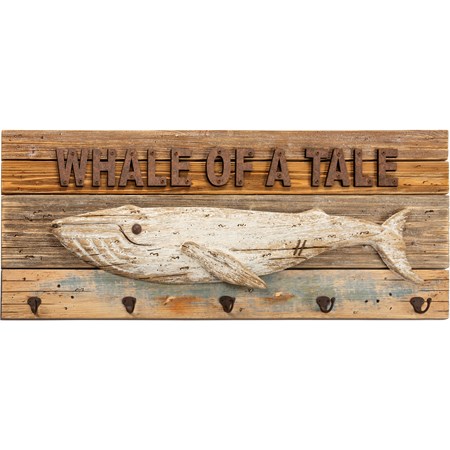 Hook Board - Whale Of A Tale - 39.50" x 15" x 1.75" - Wood, Metal