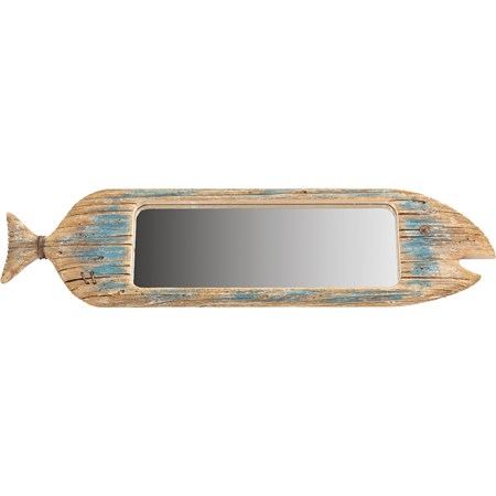 Mirror - Blue Fish - 31" x 8" x 1" - Wood, Mirror, Metal, Wire