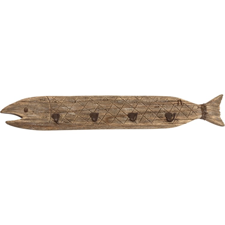 Hook Board - Fish - 35" x 5" x 2.50" - Wood, Metal, Wire