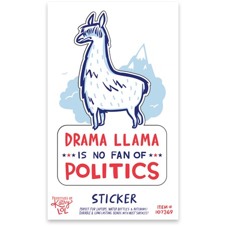 Sticker - Drama Llama Is No Fan Of Politics - 2.50" x 4", Card: 3" x 5" - Viynl, Paper