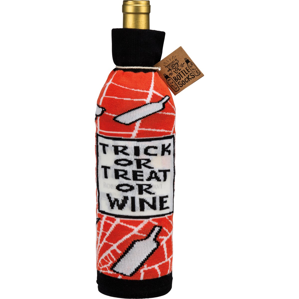 Bottle Sock - Trick Or Treat Or Wine - 3.50" x 11.25", Fits 750mL to 1.5L bottles - Cotton, Nylon, Spandex