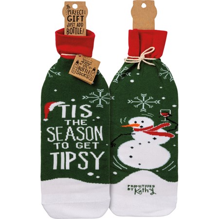 Bottle Sock - Tis The Season To Get Tipsy - 3.50" x 11.25", Fits 750mL to 1.5L bottles - Cotton, Nylon, Spandex