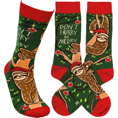 Socks - Christmas Sloth - Don't Hurry Be Merry - One Size Fits Most - Cotton, Nylon, Spandex