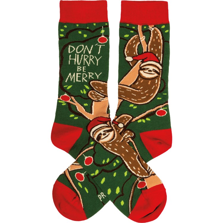 Christmas Sloth Don't Hurry Be Merry Socks - Cotton, Nylon, Spandex