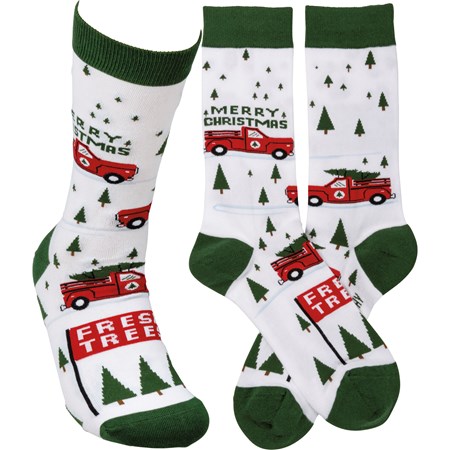 Socks - Truck & Tree - Merry Christmas - One Size Fits Most - Cotton, Nylon, Spandex