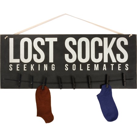 Clip Sign - Lost Socks - 30" x 12" - Wood, Metal, Cord, Cotton