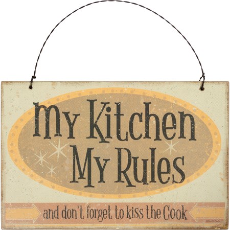 Hanging Decor - My Kitchen My Rules - 8" x 5.25" x 0.25" - Wood, Paper, Wire
