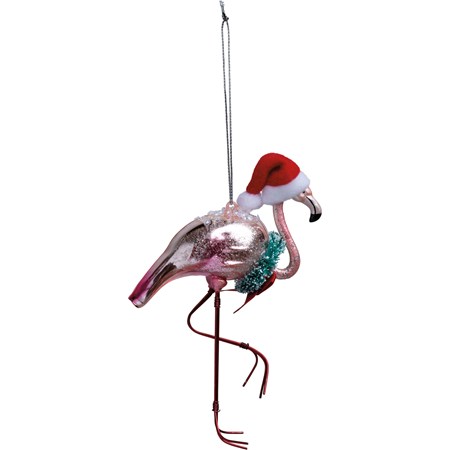 Glass Ornament - Flamingo - 4" x 6" x 2" - Glass, Metal, Bristle, Felt, Glitter