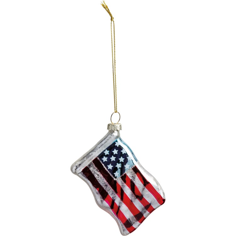 Glass Ornament - American Flag - 3.25" x 2.75" x 0.75" - Glass, Metal, Glitter