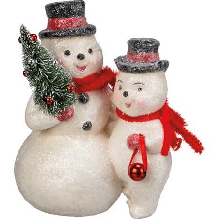 Figurine - Snowman Pair - 5" x 6.50" x 3" - Paper, Plastic, Glitter, Bristle, Chenille