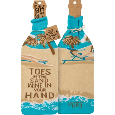 Bottle Sock - Toes In The Sand Wine In Your Hand - 3.50" x 11.25", Fits 750mL to 1.5L bottles - Cotton, Nylon, Spandex