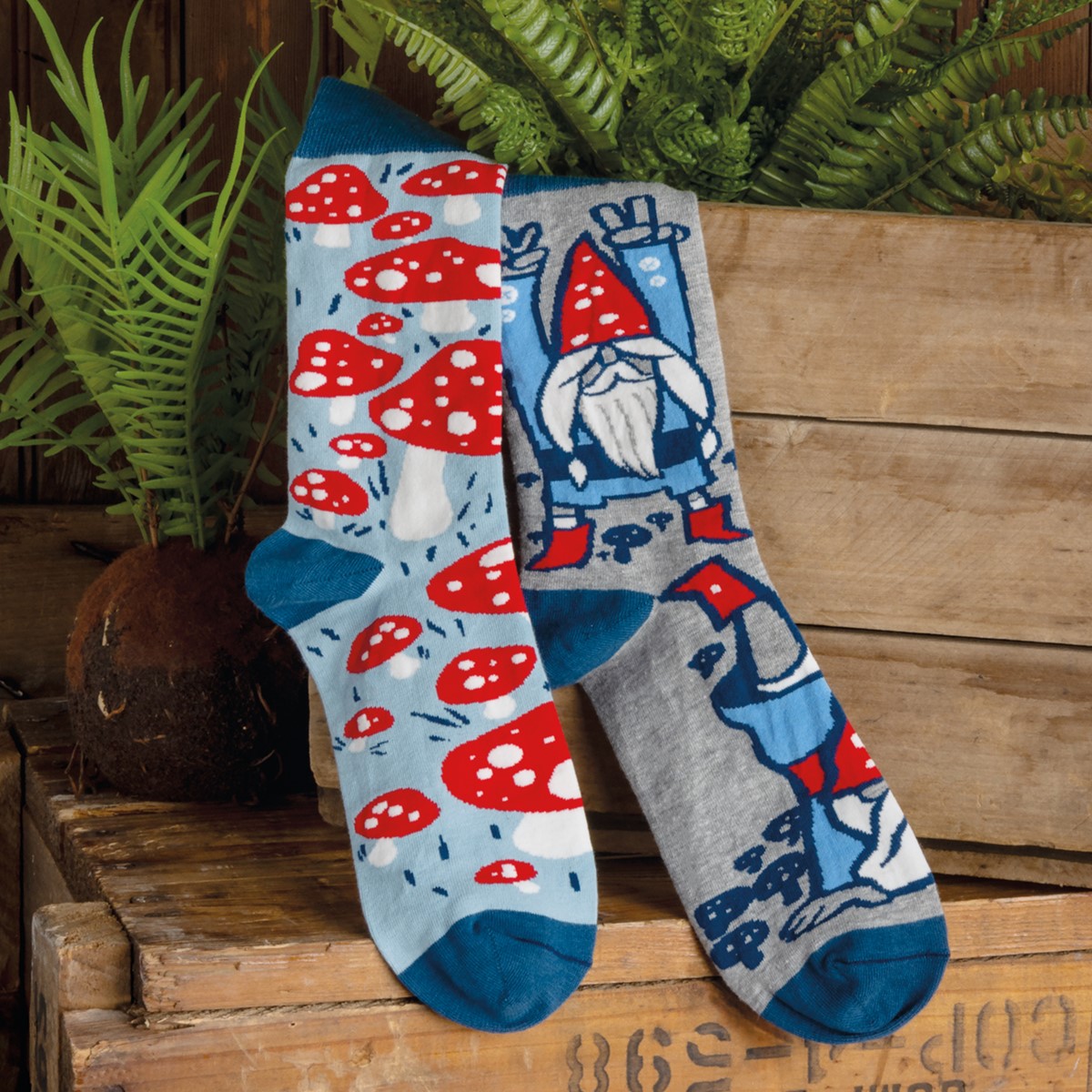 Socks - Gnomes & Mushrooms - One Size Fits Most - Cotton, Nylon, Spandex
