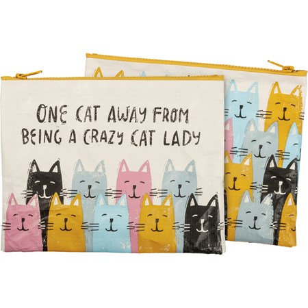 Zipper Pouch - One Cat Away From Crazy Cat Lady - 9.50" x 7" - Post-Consumer Material, Metal