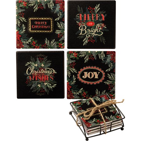 Coaster Set - Merry Christmas - 4" x 4" x 1.50"  - Stone, Metal, Cork