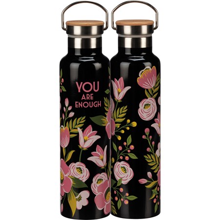 Insulated Bottle - You Are Enough - 25 oz., 2.75" Diameter x 11.25" - Stainless Steel, Bamboo