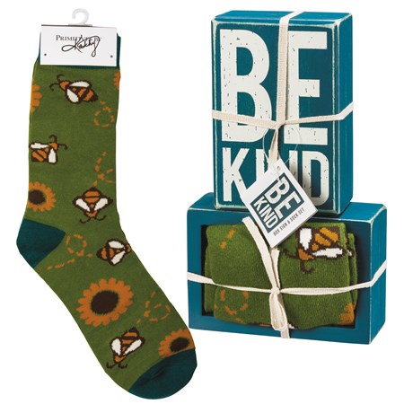 Box Sign & Sock Set - Be Kind - Box Sign: 3" x 4.50" x 1.75", Socks: One Size Fits Most - Wood, Cotton, Nylon, Spandex, Ribbon