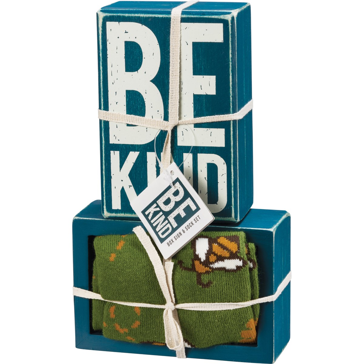 Be Kind Box Sign And Sock Set - Wood, Cotton, Nylon, Spandex, Ribbon