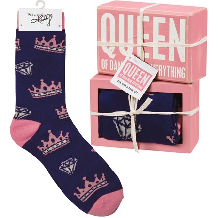 Box Sign & Sock Set - Queen Of Near Everything - Box Sign: 4.50" x 3" x 1.75", Socks: One Size Fits Most - Wood, Cotton, Nylon, Spandex, Ribbon