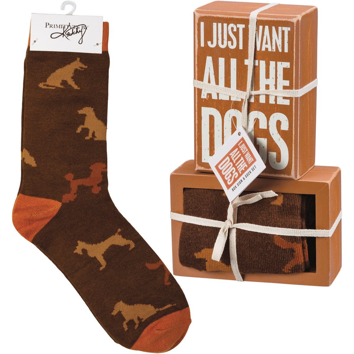 Box Sign & Sock Set - I Just Want All The Dogs - Box Sign: 4.50" x 3" x 1.75", Socks: One Size Fits Most - Wood, Cotton, Nylon, Spandex, Ribbon