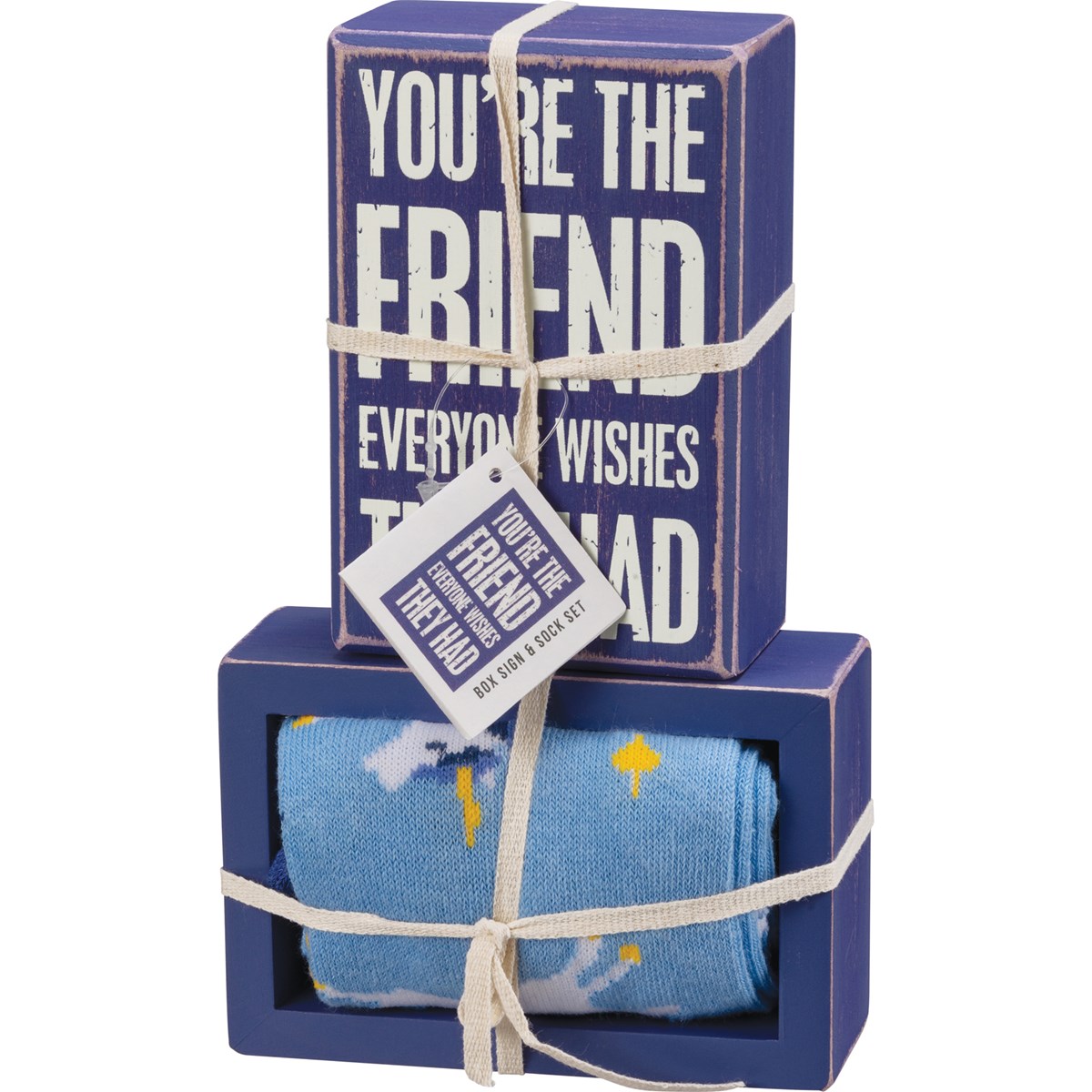 You're The Friend Box Sign And Sock Set - Wood, Cotton, Nylon, Spandex, Ribbon