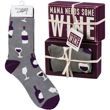 Box Sign & Sock Set - Mama Needs Some Wine - Box Sign: 4.50" x 3" x 1.75", Socks: One Size Fits Most - Wood, Cotton, Nylon, Spandex, Ribbon