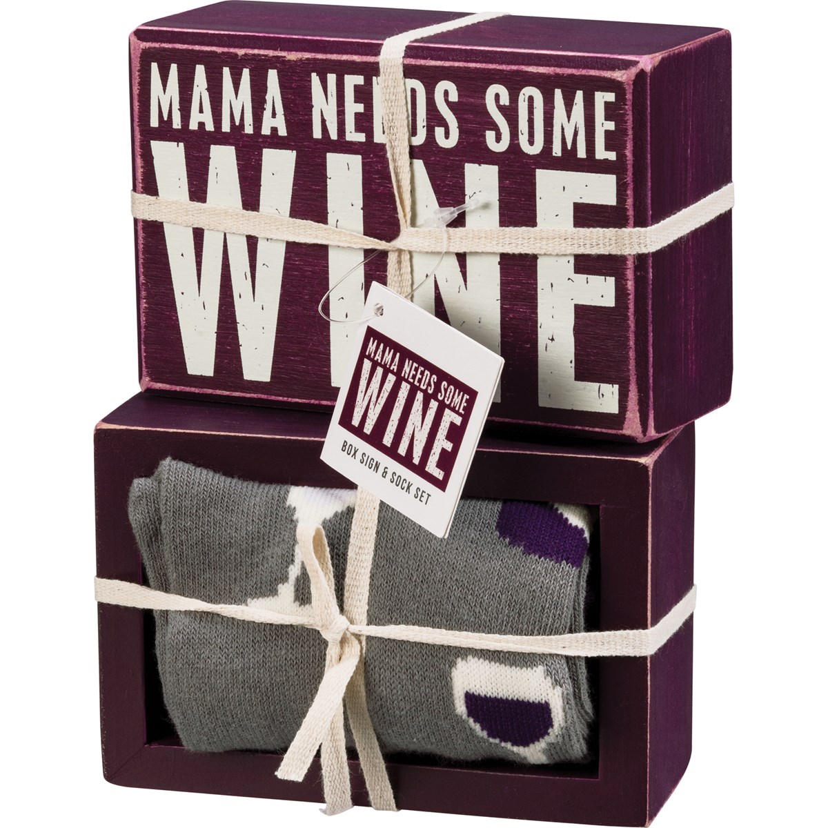 Mama Needs Some Wine Box Sign And Sock Set - Wood, Cotton, Nylon, Spandex, Ribbon