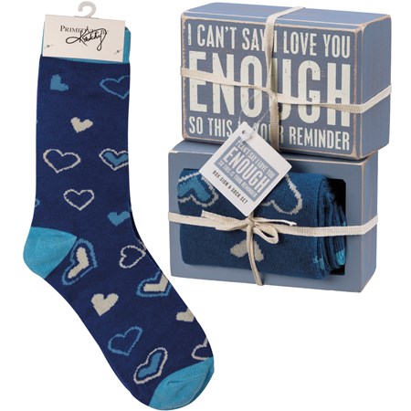 Box Sign & Sock Set - Can't Say I Love You Enough - Box Sign: 4.50" x 3" x 1.75", Socks: One Size Fits Most - Wood, Cotton, Nylon, Spandex, Ribbon