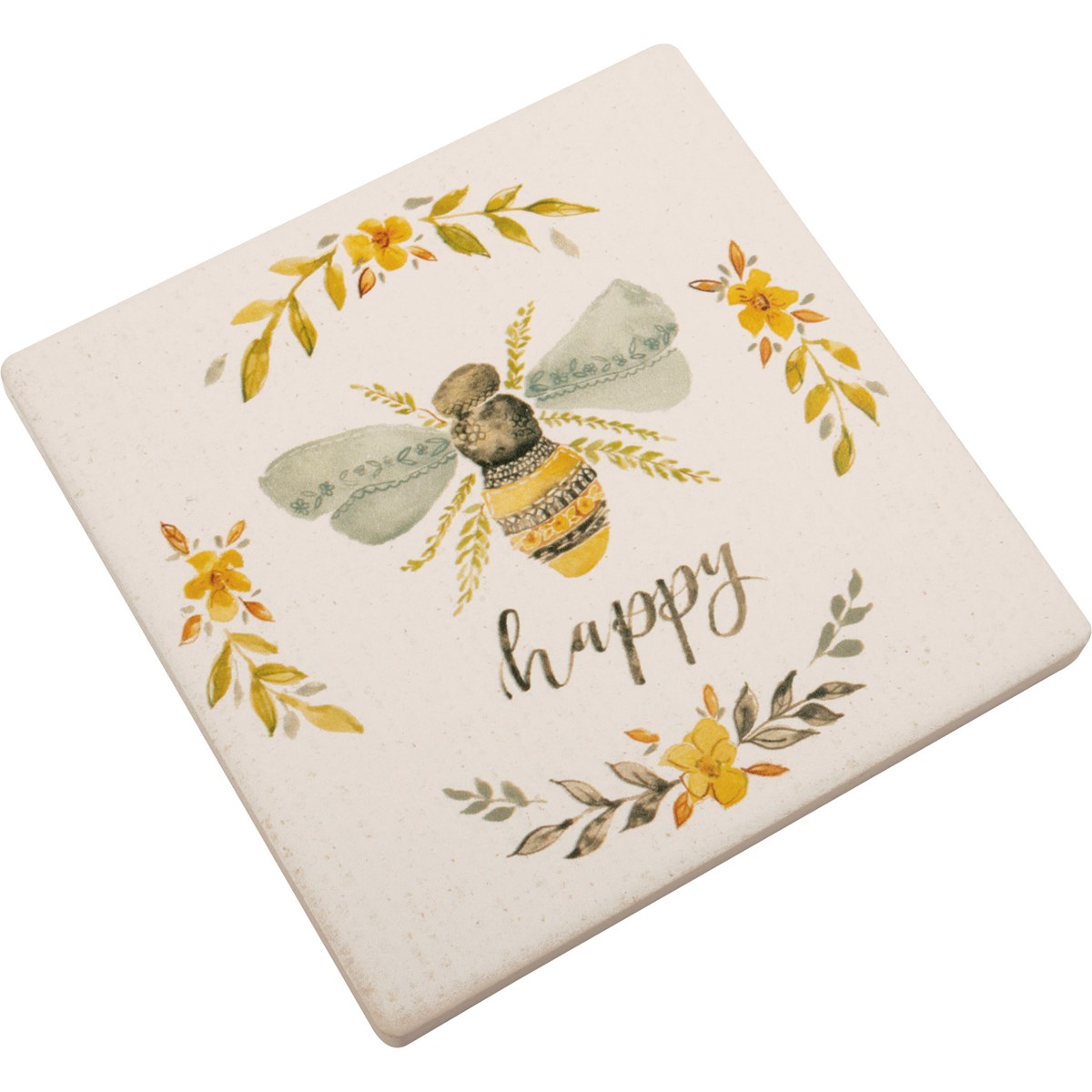 Coaster - Bee Happy - 4" x 4" - Stone, Cork