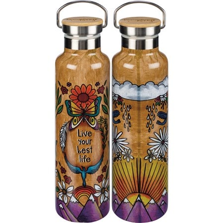 Insulated Bottle - Live Your Best Life - 25 oz., 2.75" Diameter x 11.25" - Stainless Steel, Bamboo