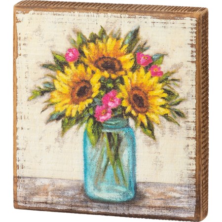 Block Sign - Sunflowers - 5.50" x 6" x 1" - Wood